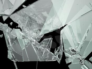 Pieces of demolished or Shattered glass isolated on black