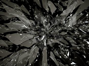 Many pieces of broken or Shattered glass on black