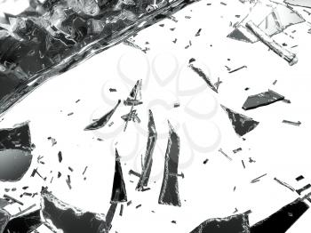 Pieces of demolished or Shattered glass on white background