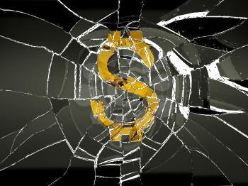 Broken US dollar symbol and shattered glass. Decline and recession