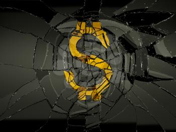 Demolished dollar symbol and broken glass. Economy and recession