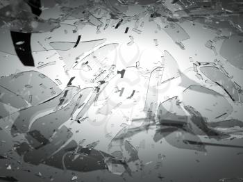 Shattered and breaking glass on gray with shallow DOF. Large resolution