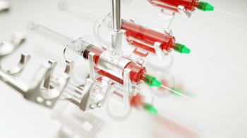 Medical syringe or squirt  production line or conveyor with artistic shallow DOF