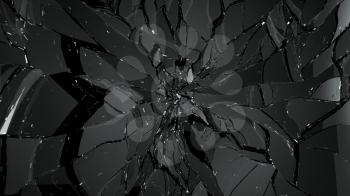 Pieces of broken and cracked glass on black. Large resolution