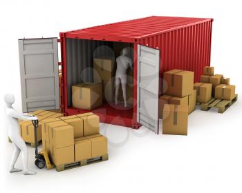 Royalty Free Clipart Image of Men Unloading a Freight Container