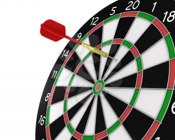 Royalty Free Clipart Image of a Dart in a Dartboard