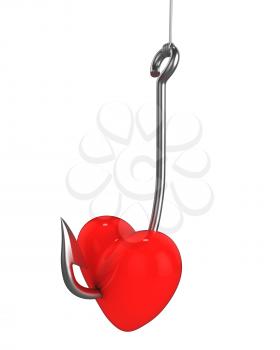 Royalty Free Clipart Image of a Red Heart on a Fishing Hook