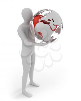 Royalty Free Clipart Image of a Man Holding an Abstract Globe