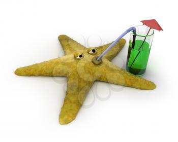 Royalty Free Clipart Image of a Starfish Drinking Juice