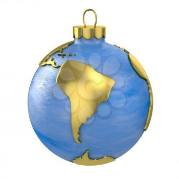 Christmas ball shaped as globe or planet isolated on white background, South America  part