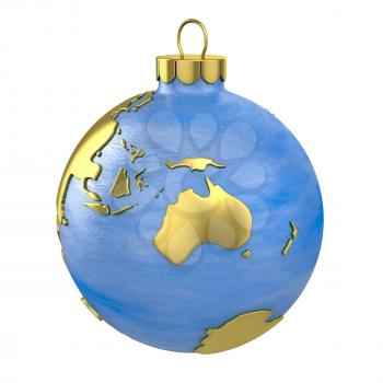 Christmas ball shaped as globe or planet isolated on white background, Australia part