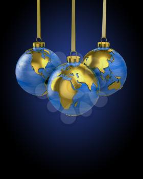 Three christmas balls shaped as globe or planet, Asia, Europe and America