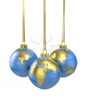 Three christmas balls shaped as globe or planet isolated on white background, Asia, Europe and America