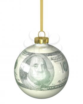 Christmas ball with dollar texture isolated on white background