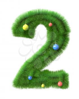 2 number made of christmas tree branches isolated on white background