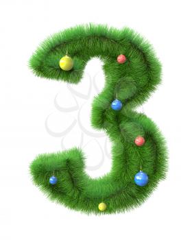3 number made of christmas tree branches isolated on white background