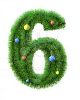 6 number made of christmas tree branches isolated on white background