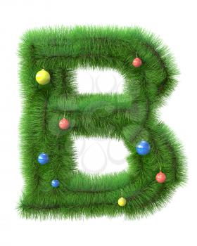 B letter made of christmas tree branches isolated on white background