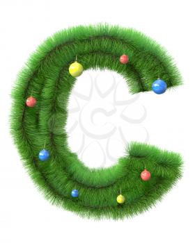 C letter made of christmas tree branches isolated on white background