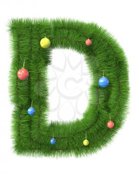D letter made of christmas tree branches isolated on white background