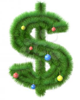 Dollar symbol made of christmas tree branches isolated on white background