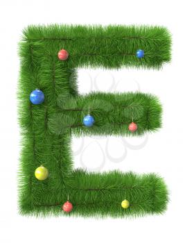 E letter made of christmas tree branches isolated on white background