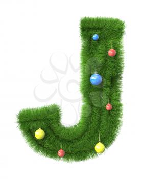 J letter made of christmas tree branches isolated on white background