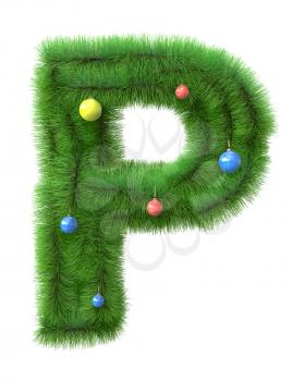 P letter made of christmas tree branches isolated on white background