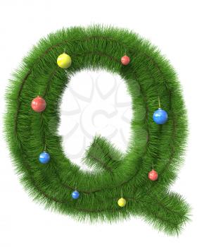 Q letter made of christmas tree branches isolated on white background