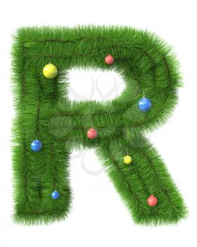 R letter made of christmas tree branches isolated on white background