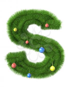 S letter made of christmas tree branches isolated on white background