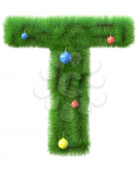 T letter made of christmas tree branches isolated on white background