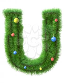 U letter made of christmas tree branches isolated on white background
