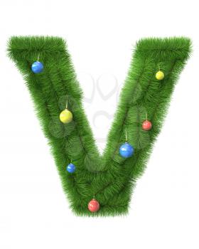 V letter made of christmas tree branches isolated on white background