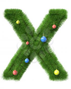 X letter made of christmas tree branches isolated on white background