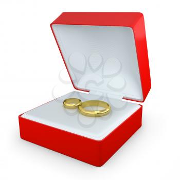 Pair of wedding rings in a rectangular shaped box isolated on white background