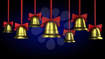A lot of Christmas bells with red ribbons on a blue gradient background