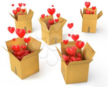 A lot of carton boxes with red hearts flying out of them, isolated on white background