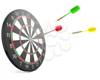 Three darts arrows flying into board, isolated on white background