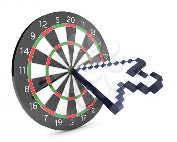 Arrow cursor hits the dartboard, isolated on white background
