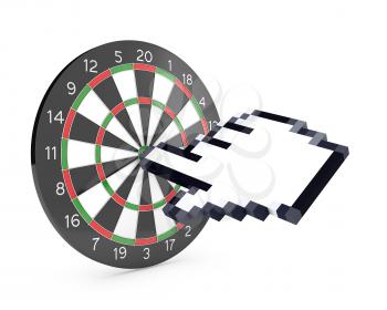 Hand cursor hits the dartboard, isolated on white background