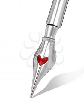 Metal ink pen nib with a heart shaped hole isolated on white background