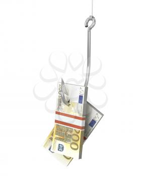 Pack of euro on a fishing hook, isolated on white background