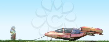 Futuristic flying car at gas station on blue background