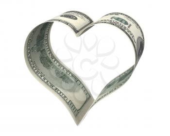 Heart made of two dollar papers, isolated on white background