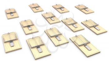 A lot of mouse traps isolated on white background