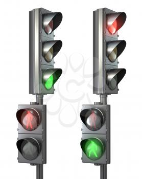 Set of pedestrian light lights with walk and go lights, isolated on white background