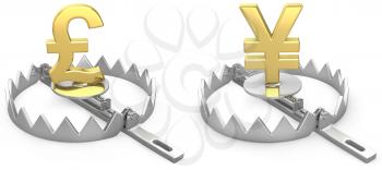 Pound and yen symbols in a bear trap, isolated on white background
