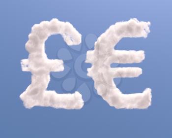 Euro and pound symbols shape clouds, isolated on white background