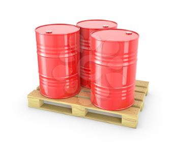 Three red barrels on a pallet isolated on white background